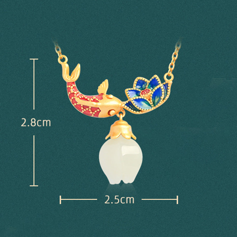 Buddha Stones White Jade Koi Fish Lotus Copper Protection Necklace Pendant