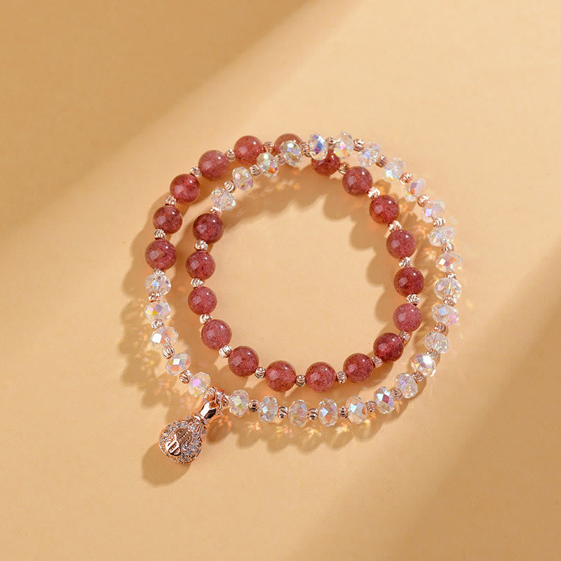 EverestArtStudios Strawberry Quartz White Crystal Money Bag Charm Positive Bracelet