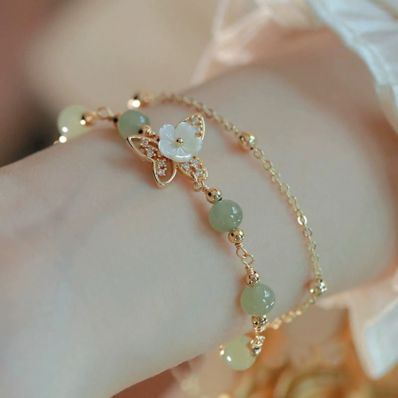 EverestArtStudios 14K Gold Plated Jade Butterfly Tridacna Stone Flower Double Layer Luck Bracelet