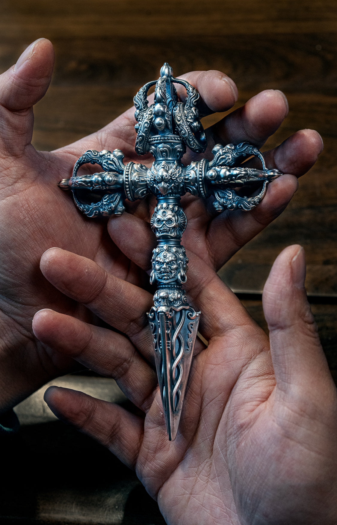 LARGE 6.5 inches Sterling Silver Tibetan Phurba Pendant: Buddhist Amulet Necklace