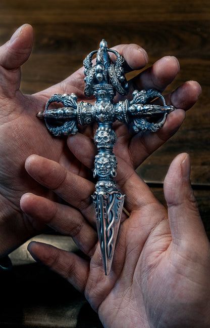 LARGE 6.5 inches Sterling Silver Tibetan Phurba Pendant: Buddhist Amulet Necklace