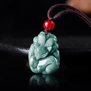 EverestArtstudios Natural Green Jade Nine Tailed Fox Engraved Prosperity Necklace Pendant