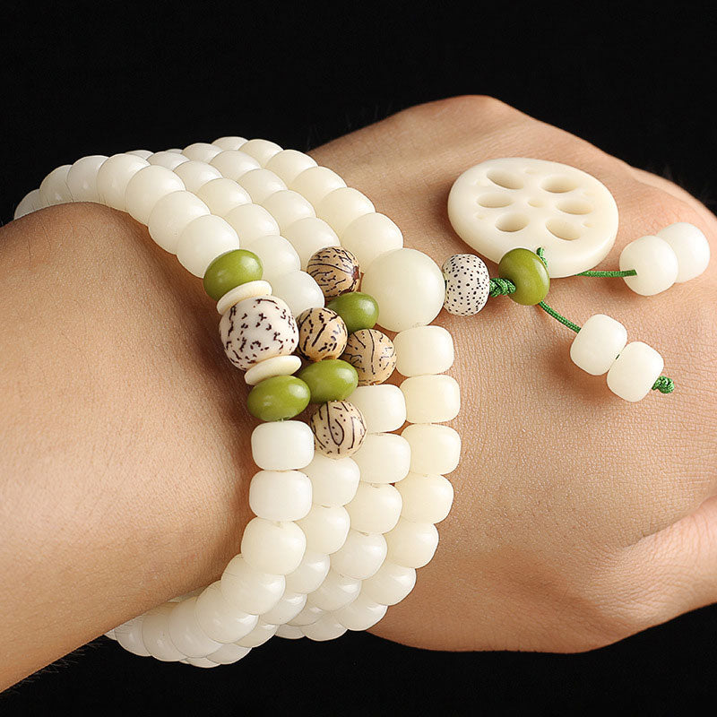 Buddha Stones White Bodhi Seed Mala 108 Beads Luck Bracelet