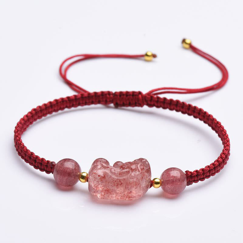 EverestArtstudios Natural Strawberry Quartz PiXiu Lucky Red String Bracelet
