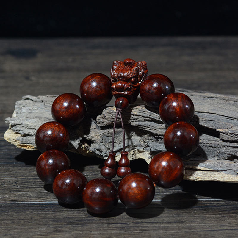 EverestArtStudios Rosewood Green Sandalwood Small Leaf Red Sandalwood Dragon Carved Protection Bracelet