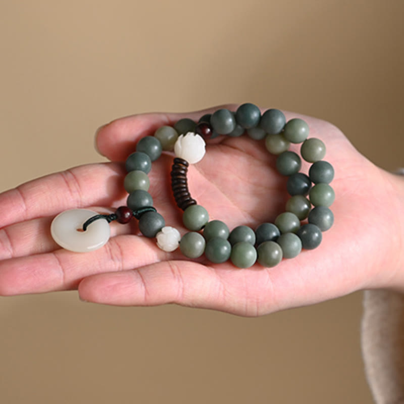 Buddha Stones Cyan Bodhi Seed Lotus Jade Peace Buckle Wisdom Double Wrap Bracelet