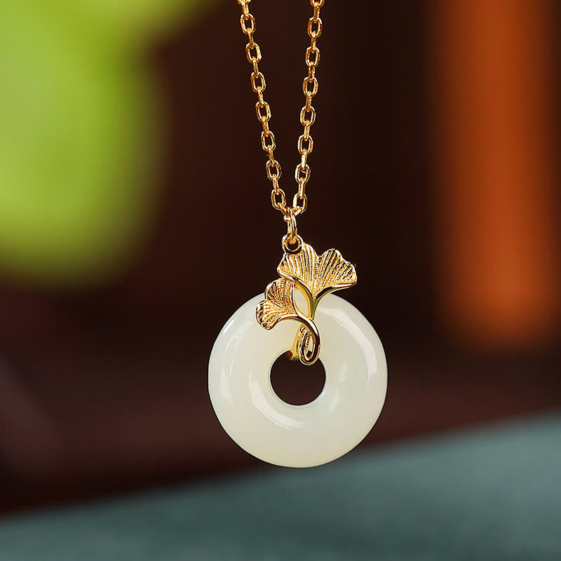 EverestArtstudios 925 Sterling Silver Natural Hetian Jade Ginkgo Leaf Peace Buckle Luck Necklace Pendant