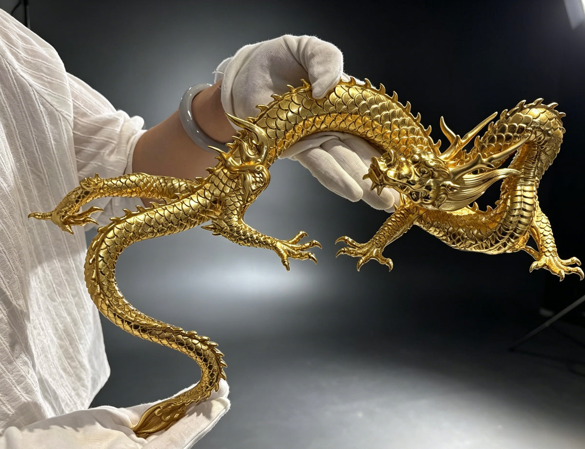 Handcrafted Golden Brass Dragon Statue: Tibetan Feng Shui Decor