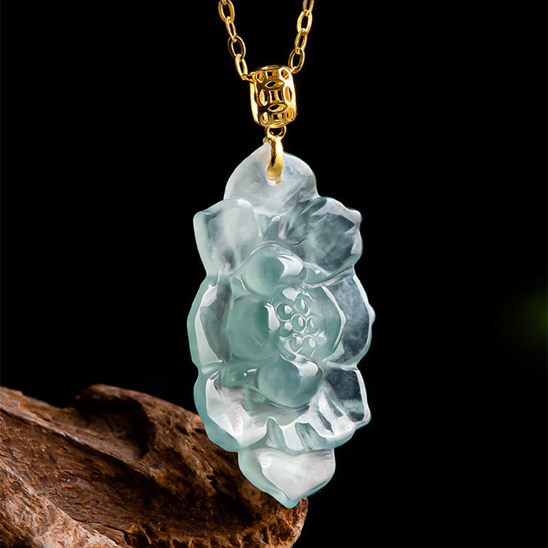 Buddha Stones Natural Jade Lotus Pattern Prosperity Titanium Steel Chain Necklace Pendant