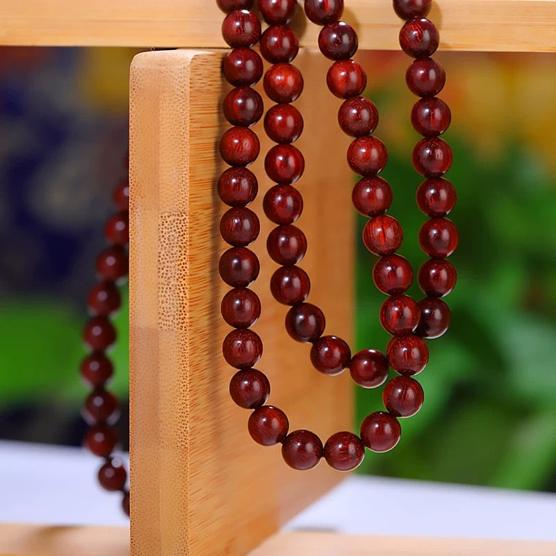 Tibetan Small-Leaf Red Sandalwood 108-Bead Mala Bracelet – Elastic with Auspicious Knot, Bead Size 8 mm = 0.31 inches