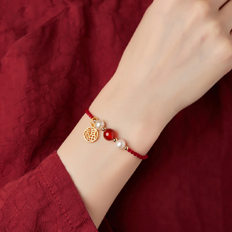 EverestArtstudios 925 Sterling Silver Good Fortune Fu Character Agate Pearl Red String Braid Bracelet