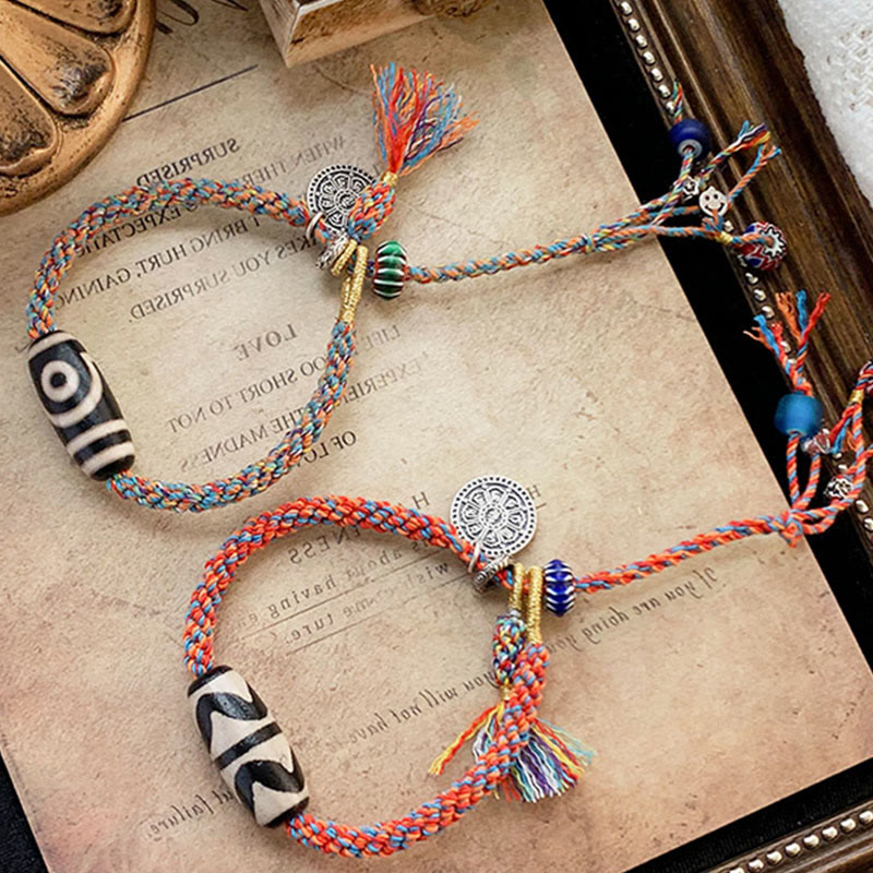 Buddha Stones Tibetan 925 Sterling Silver Om Mani Padme Hum Handmade Dzi Bead Protection Braid Bracelet