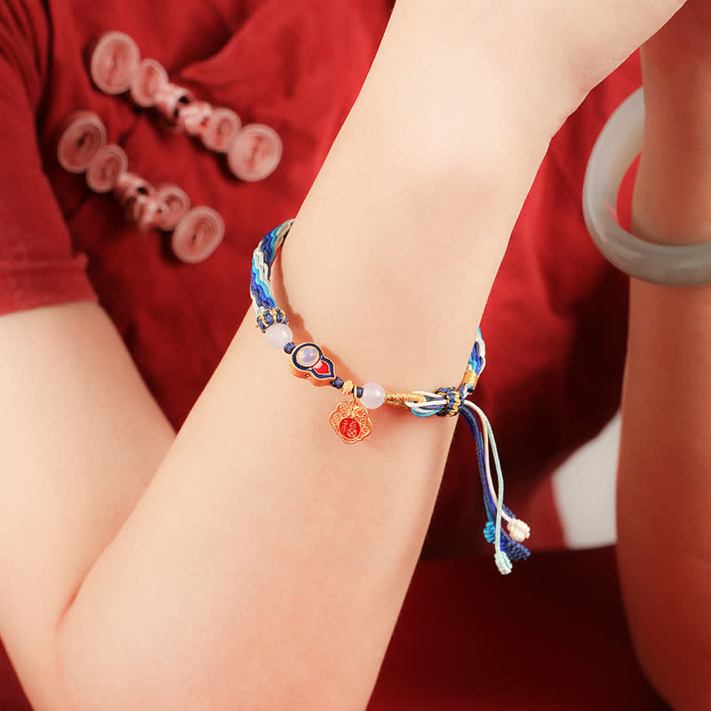 Buddha Stones 925 Sterling Silver Handmade Gourd Blessing String Reincarnation Knot Bracelet