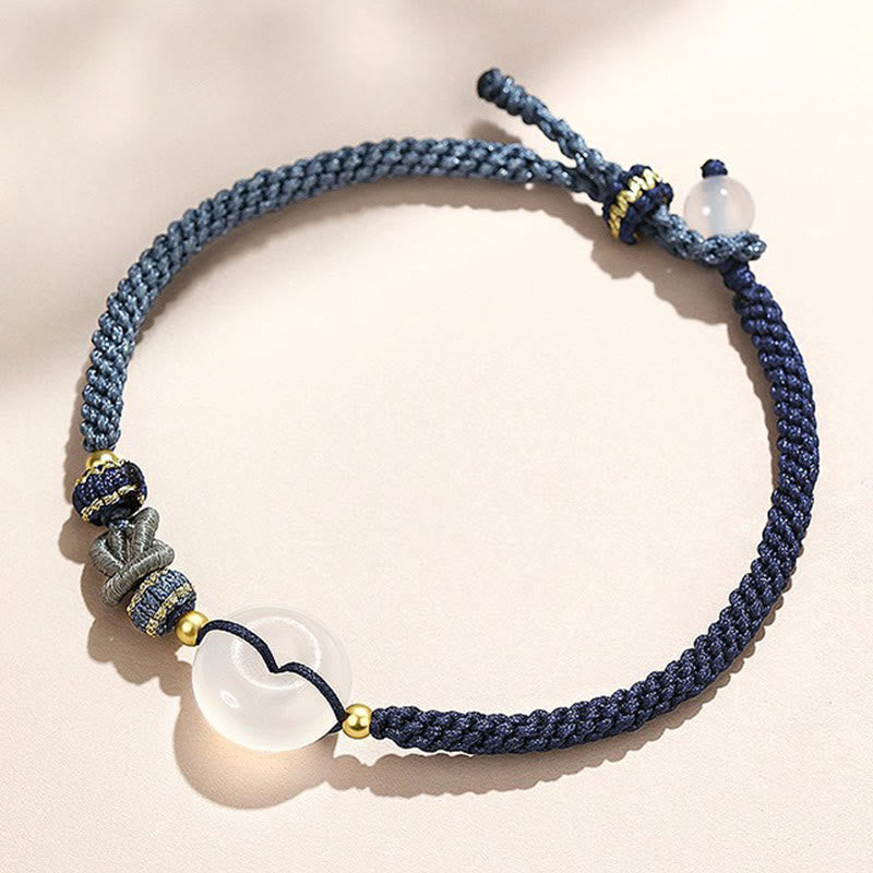 Buddha Stones Handmade White Agate Peace Buckle Luck Happiness Protection Weave String Bracelet