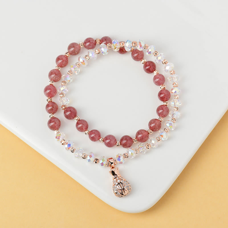 EverestArtStudios Strawberry Quartz White Crystal Money Bag Charm Positive Bracelet