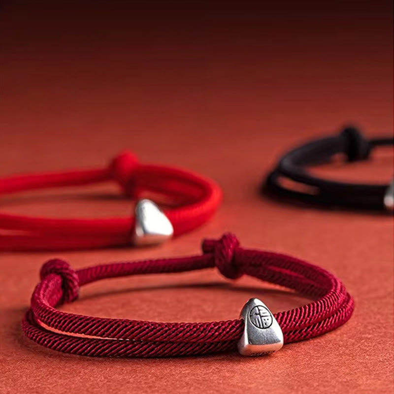 EverestArtstudios 925 Sterling Silver Fu Character Blessing Handmade Braided Bracelet