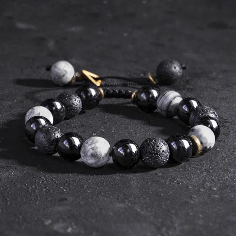 EverestArtStudios Black Obsidian Lava Rock Stone Yin Yang Strength Bracelet