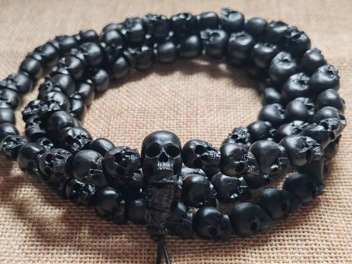 Natural Black Sandalwood Skull Mala Bracelet: Tibetan Buddhist Prayer 108 Beads