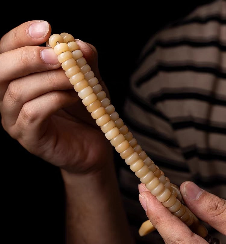 Natural Camel Bone Mala Bracelet 108 Beads, Tibetan Prayer Beads, Yellow Fossilized Bone Wrist Mala, Multi Wrap Meditation Bracelet for Men