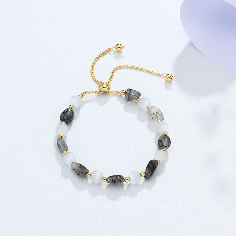 Buddha Stones Amethyst Pink Crystal Black Rutilated Quartz Spiritual Awareness Bracelet