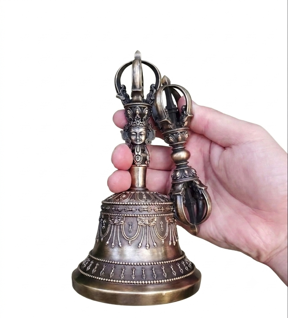 Brass Tibetan Vajra Bell & Dorje Set – Nepalese Handcrafted 5-Prong Ritual Bell