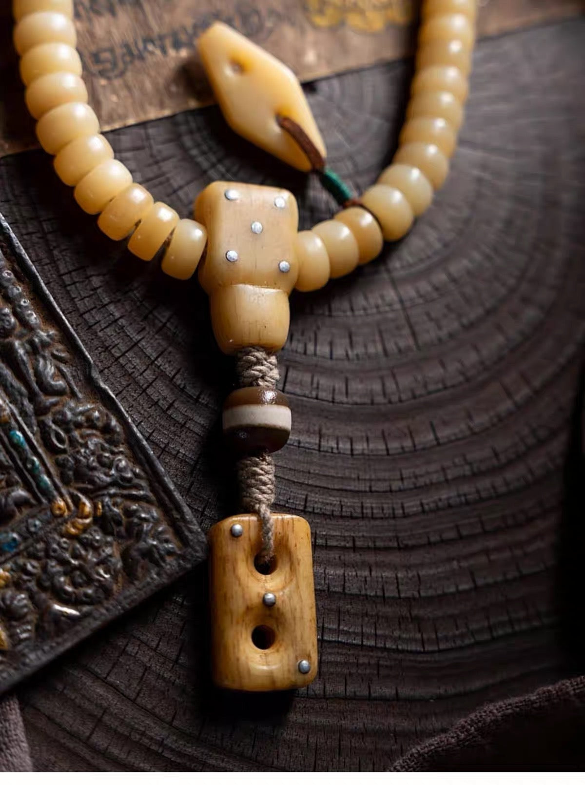 Natural Camel Bone Mala Bracelet 108 Beads, Tibetan Prayer Beads, Yellow Fossilized Bone Wrist Mala, Multi Wrap Meditation Bracelet for Men