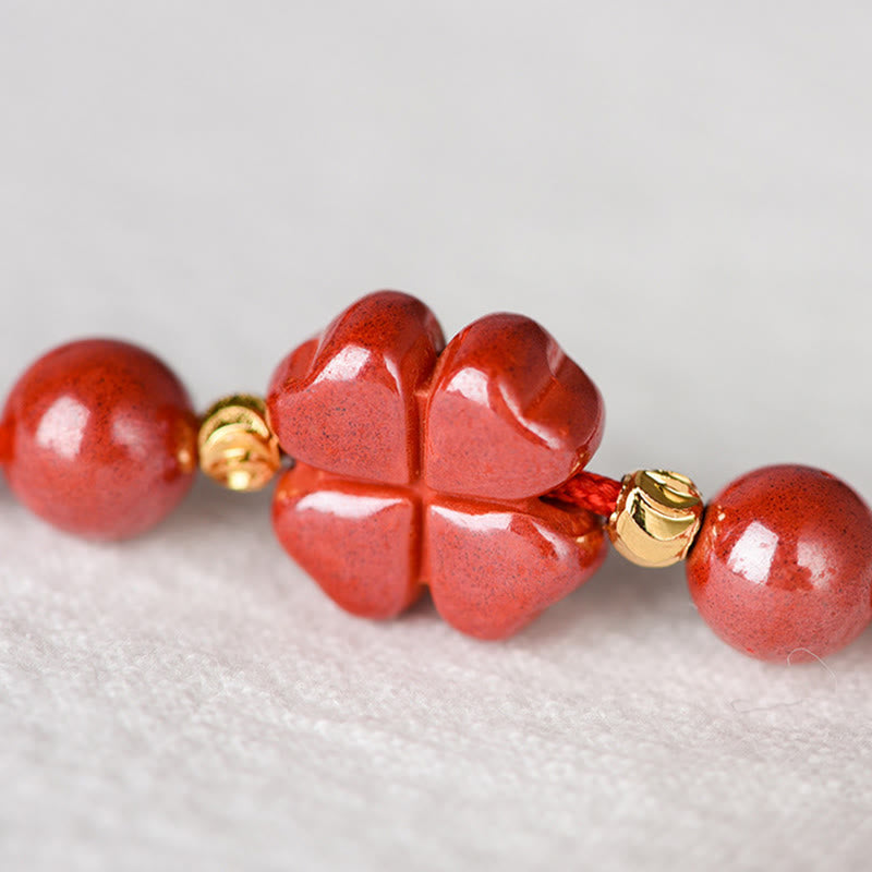 EverestArtstudios Four Leaf Clover Cinnabar Blessing Calm String Bracelet Anklet