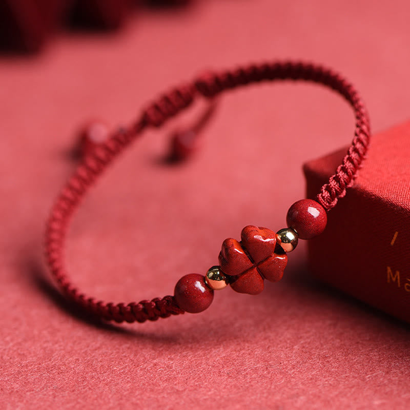 EverestArtstudios Four Leaf Clover Five-petal Flower Cinnabar Blessing Red String Bracelet