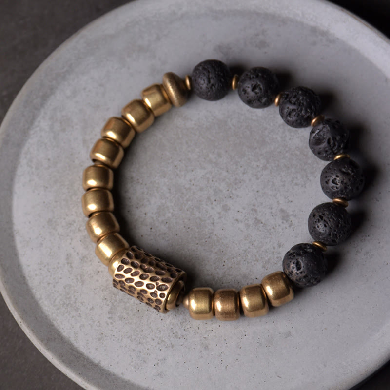 Buddha Stones Lava Rock Stone Rainbow Obsidian Brass Support Healing Bracelet