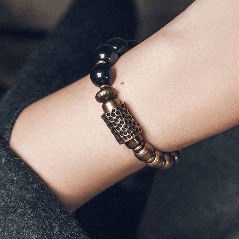 Buddha Stones Lava Rock Stone Rainbow Obsidian Brass Support Healing Bracelet