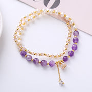Buddha Stones Natural Amethyst Aquamarine Strawberry Quartz Pearl Peace Healing Double Wrap Bracelet