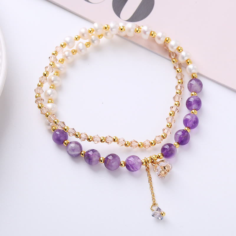 Buddha Stones Natural Amethyst Aquamarine Strawberry Quartz Pearl Peace Healing Double Wrap Bracelet