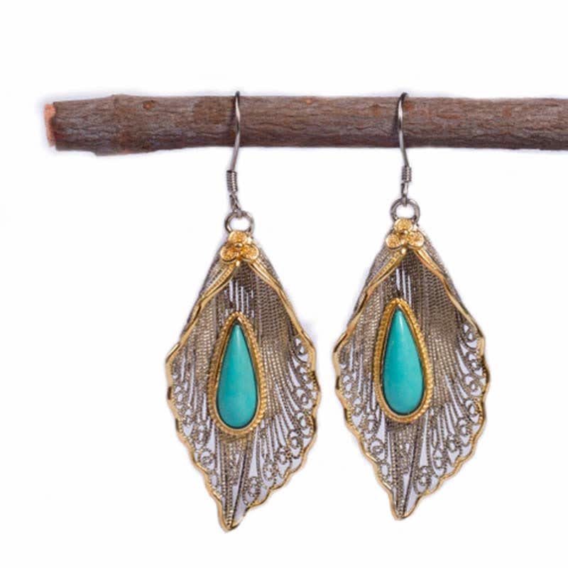 EverestArtStudios 925 Sterling Silver Turquoise Bodhi Leaf Pattern Protection Drop Dangle Earrings