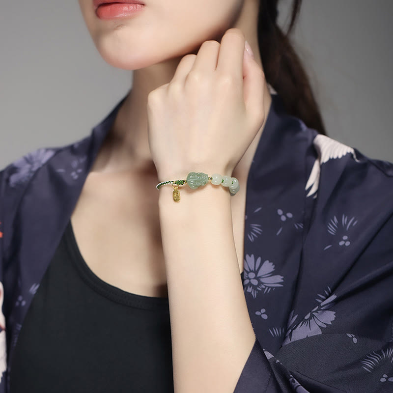 Buddha Stones Natural Hetian Jade PiXiu Luck Fu Character String Bracelet