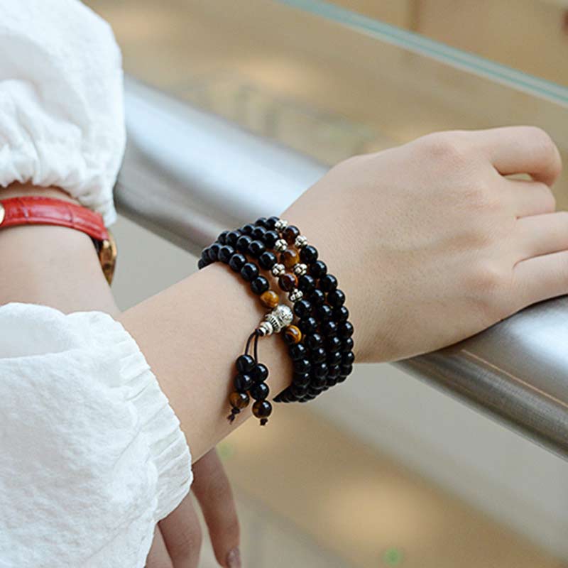 EverestArtStudios Black Obsidian Tiger Eye Blessing Mala Bracelet