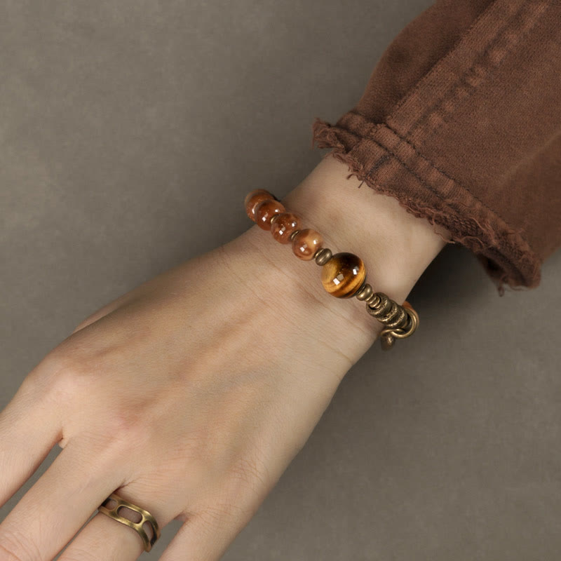 Buddha Stones Kuka Seed Tiger Eye Gold Sheen Obsidian Brass Copper Wealth Luck Bracelet