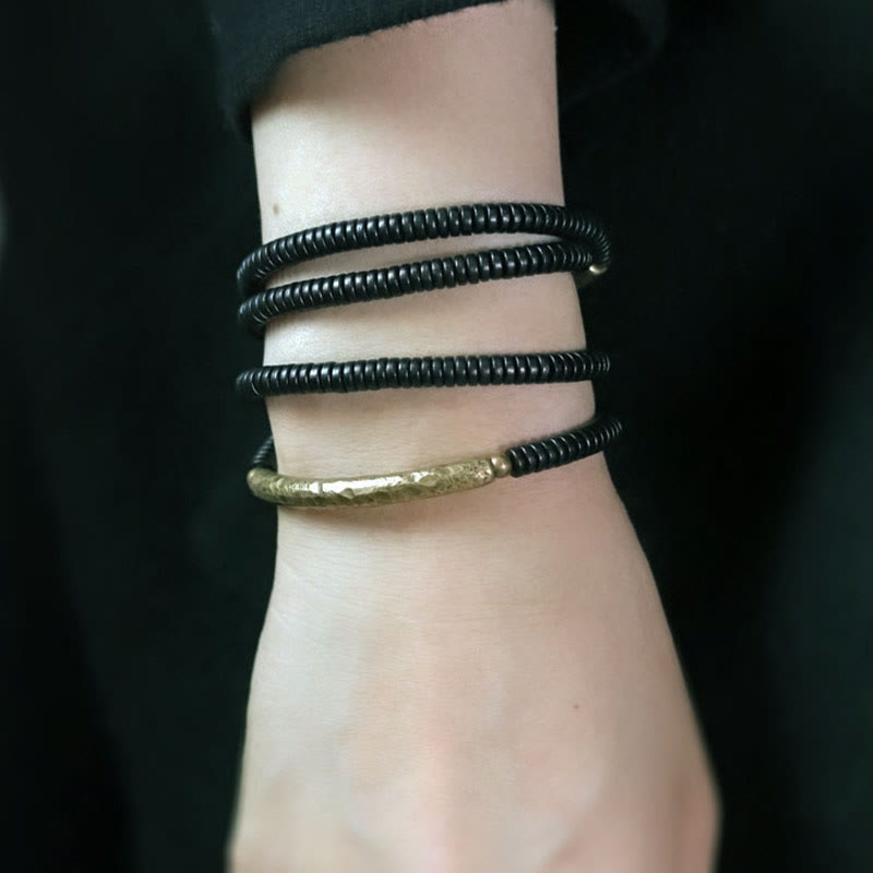 Buddha Stones Ebony Wood Brass Copper Balance Multilayered Bracelet