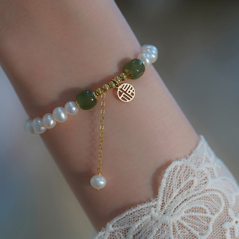Buddha Stones Natural Pearl Hetian Jade Happiness Wisdom Bead Bracelet