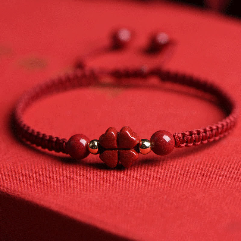 EverestArtstudios Four Leaf Clover Five-petal Flower Cinnabar Blessing Red String Bracelet