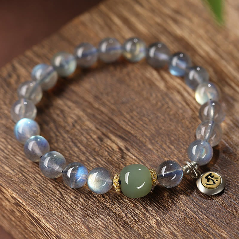 Buddha Stones Chinese Zodiac 925 Sterling Silver Natural Moonstone Hetian Jade Positive Bracelet