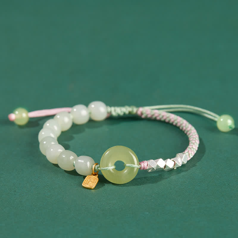 Buddha Stones 925 Sterling Silver Hetian Jade Peace Buckle Beaded Luck Happiness Charm Bracelet