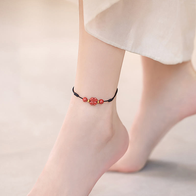 EverestArtstudios Four Leaf Clover Cinnabar Blessing Calm String Bracelet Anklet