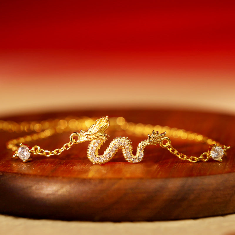 EverestArtstudios 925 Sterling Silver Year Of The Dragon Auspicious Golden Dragon Luck Red Rope Chain Bracelet
