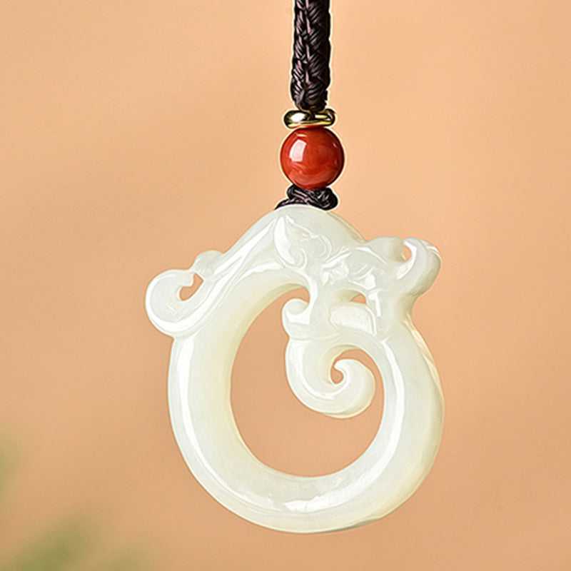EverestArtstudios White Jade Cyan Jade Dragon Protection Necklace String Pendant