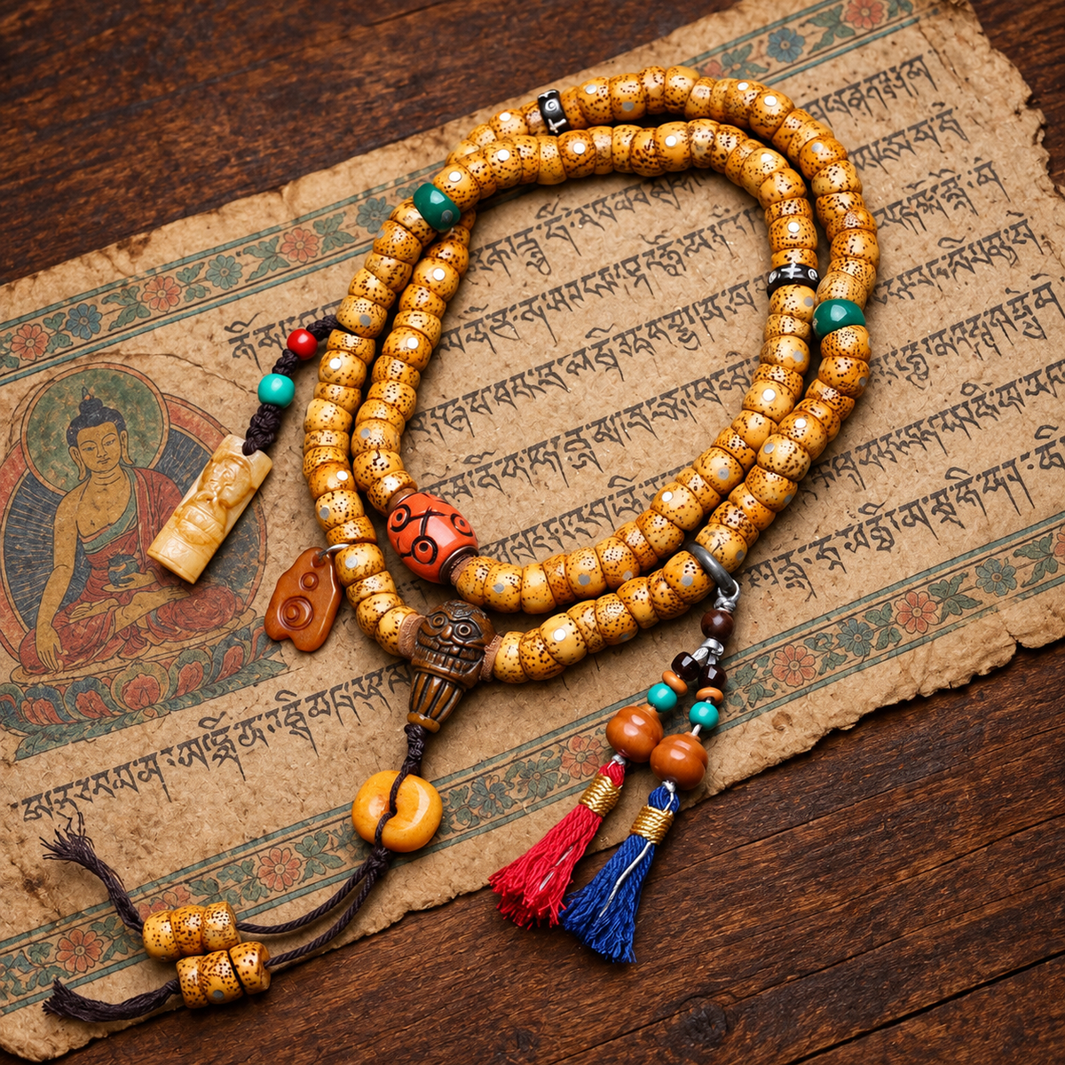 EverestArtstudios Xingyue Bodhi 108-Bead Mala with Bone and Safety Ring Accents — styled on wood with a scripture display prop