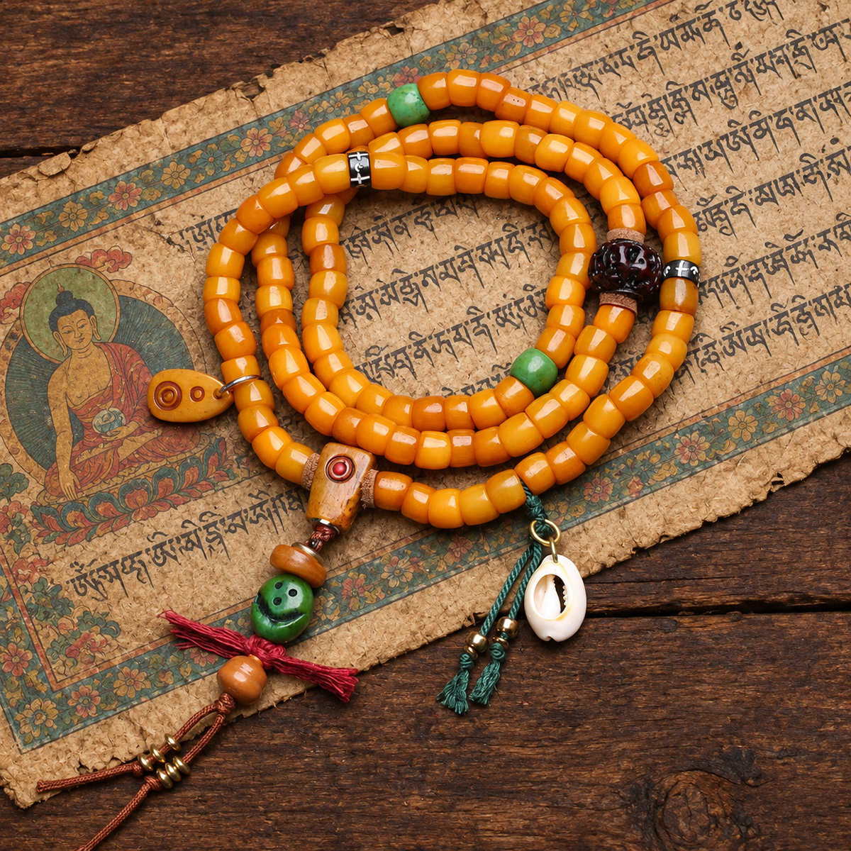 EverestArtstudios Yak Bone 108-Bead Mala with Vajra Bodhi and Camel Bone Accents — styled on wood with a scripture display prop