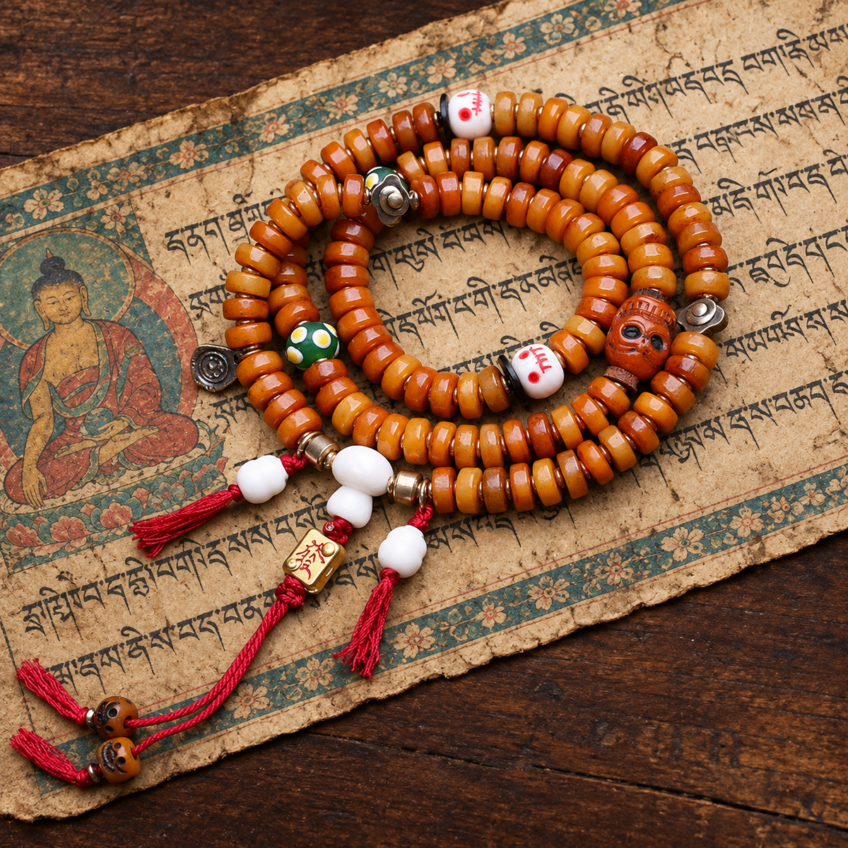 EverestArtstudios Bone 108-Bead Mala with Yak Bone, Glass and Deer Bone Accents — styled on wood with a scripture display prop