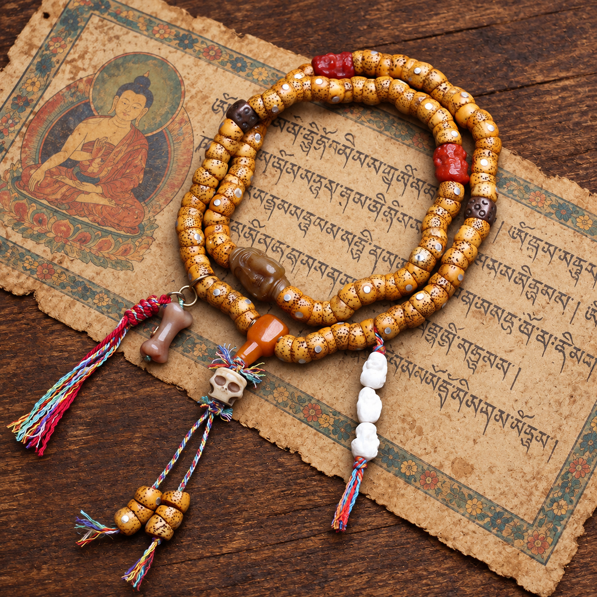 Mala de 108 cuentas Bodhi Xingyue con hueso de yak y ágata roja