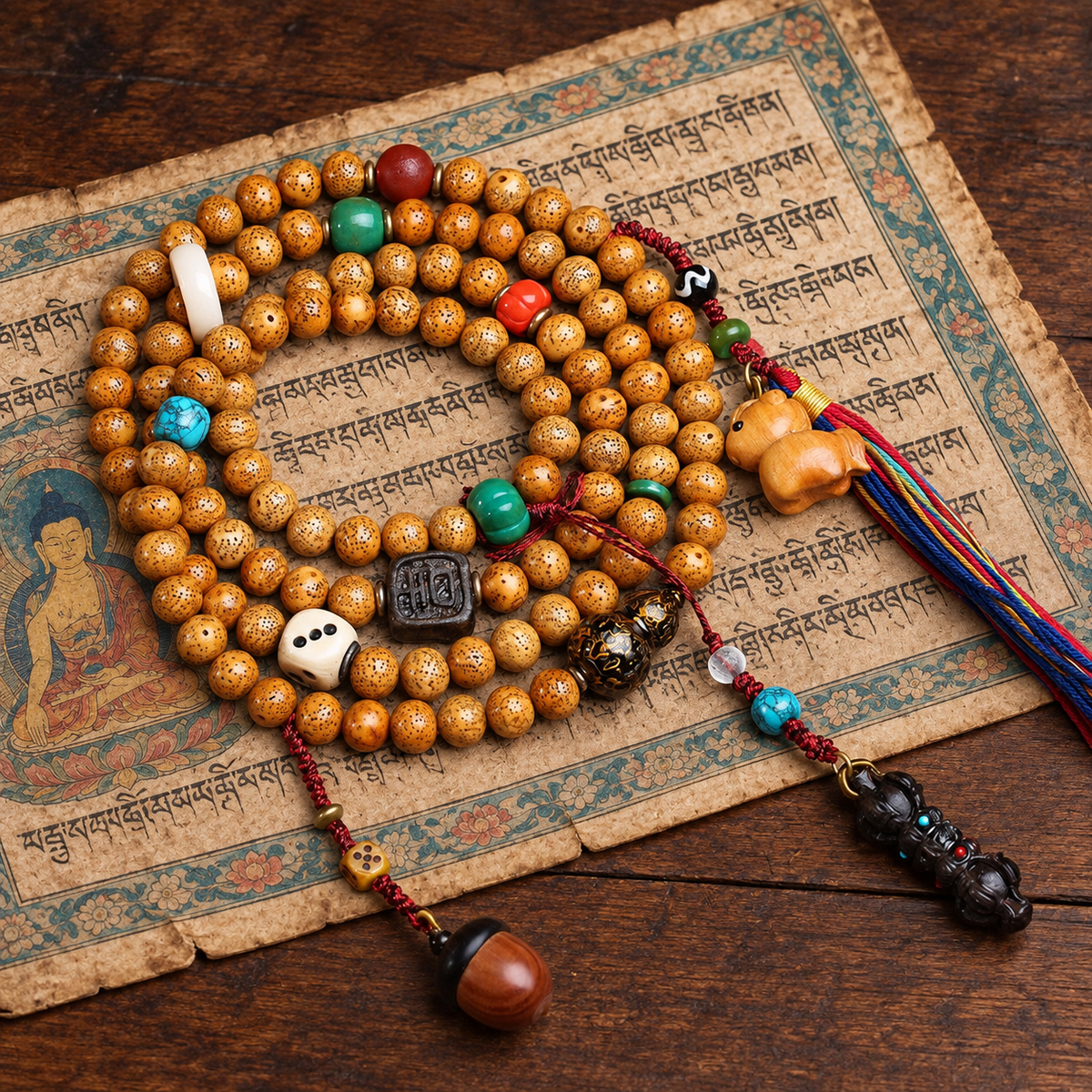 EverestArtstudios Xingyue Bodhi 108-Bead Mala Necklace with Textured Seed Beads — styled on wood with a scripture display prop