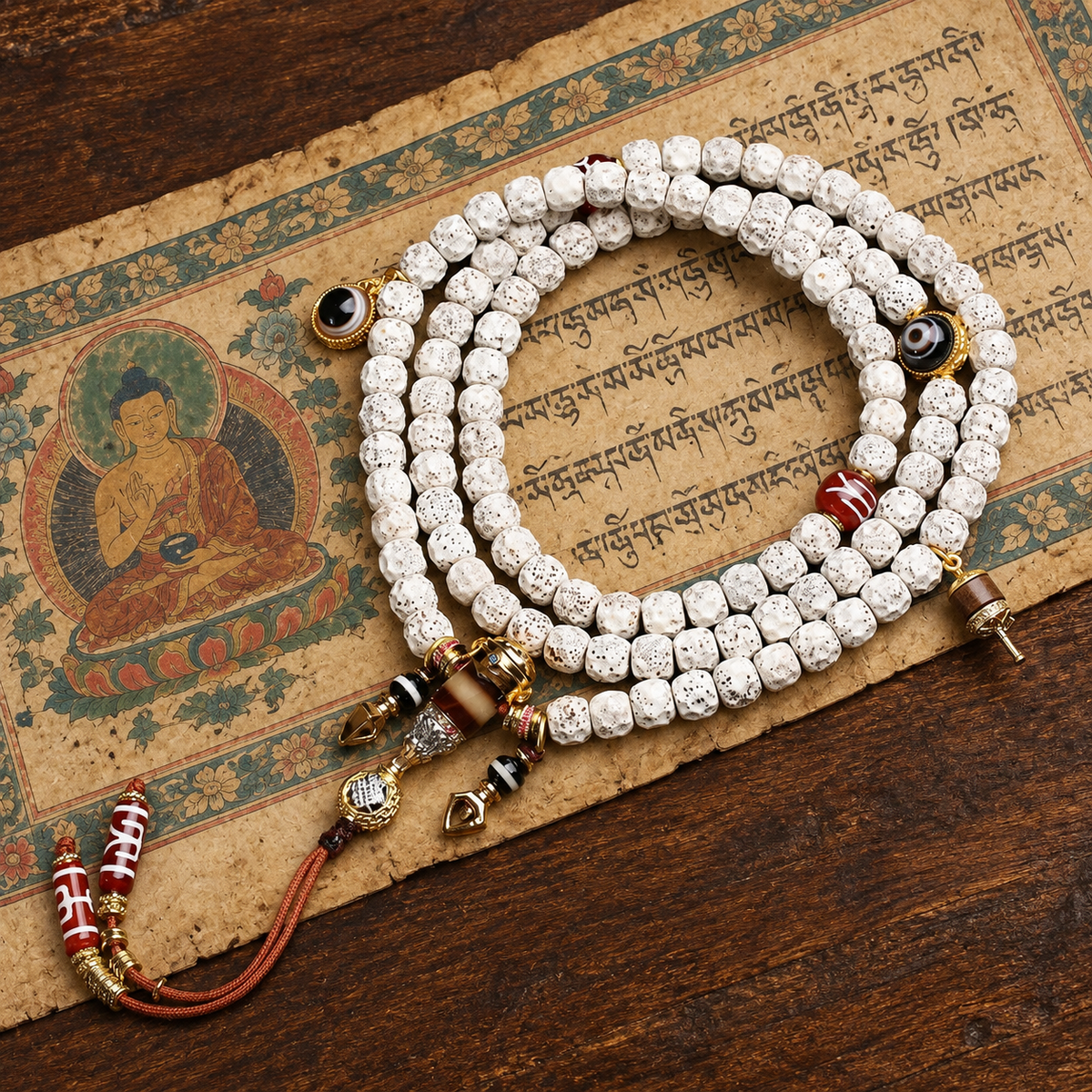Mala 108 Xingyue sculpté agate Dzi